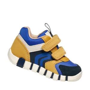 Pantofi Geox baieti, piele naturala,  brant antibacterian, Geox Respira, Iupidoo, bleumarin galben- B3555D-05422-C2QK4-26-GEOX