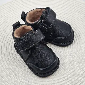Ghete barefoot pentru copii, primii pasi, piele naturala, captuseala din blana, talpa flexibila, negru, Smiley_RO-600-1-17_Pebebe