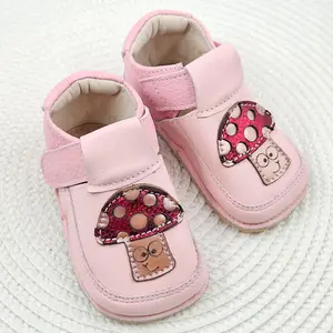 Pantofi barefoot copii primii pași din piele naturală cu talpă flexibilă – roz cu model ciupercuță_RO-16-21-22_Pebebe