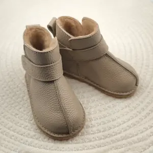 Cizme din piele pentru copii, barefoot, primii pasi, talpa flexibila, imblanite, bej_RO-106-29-22_Pebebe