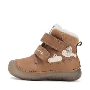 Ghete D.D Step copii, piele naturala, imblanit, talpa flexibila si fluorescenta, maro, design cu pasari- W082-52314A-25-D.D. Step