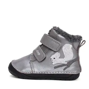 Ghete D.D Step fete, Barefoot, piele naturala, captuseala din blana, gri, emblema cu veverita- W070-52214A-25-D.D. Step