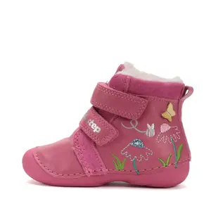 Ghete D.D Step fete, piele naturala, talpa flexibila, imblanite, roz cu flori si albinute- W015-52997A-24-D.D. Step