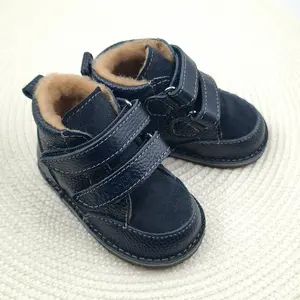 Ghete copii Barefoot, primii pasi, piele naturala, captuseala din blana, talpa felxibila, bleumarin, Stuy- RO-115-1-24-By Pebebe