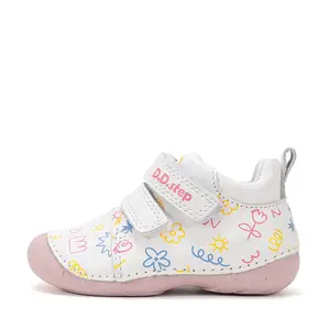 Pantofi D.D. Step fete, primii pasi, piele naturala, talpa flexibila, alb cu imprimeu flori_S015-61675-20_Pebebe