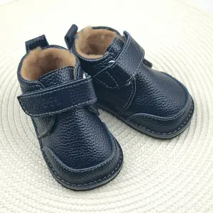 Ghete barefoot pentru copii, primii pasi, piele naturala, captuseala din blana, talpa flexibila, bleumarin, Smiley - RO-600-4-23-