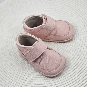 Pantofi barefoot din piele naturala pentru copii, primii pasi, inchidere cu scai si talpa din flexibila, roz_RO-14-9-24_Pebebe