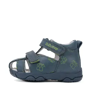 Sandale D.D. Step băieți, piele naturală, bleumarin cu imprimeu barcuta_G064-61383B-24_Pebebe