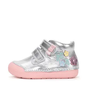 Pantofi D.D. Step fete, piele naturala, primii pași, talpa felxibilă, argintiu, design cu floricele_S066-61993-20_Pebebe