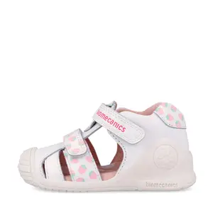 Sandale Biomecanics fete, piele naturala, talpa flexibila, protectie degete, Biogateo Casual, alb cu imprimeu_262107-B050-19_Pebebe