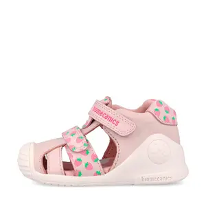 Sandale Biomecanics fete, piele naturala, talpa flexibila, protectie degete, Biogateo Casual, roz cu imprimeu_262107-A779-20_Pebebe