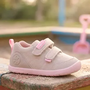 Pantofi Barefoot Biomecanics Wider Canvas cu Dublu Scai - Bej cu Accente Roz_262190-F884-24_Pebebe