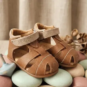 Sandale copii, barefoot, primii pasi, piele naturala, talpa flexibila, inchidere cu scai, maro_RO-1000-1-24_Pebebe