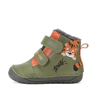 Ghete D.D Step baieti, Barefoot, piele naturala, captuseala din blana, olive, emblema cu tigru_W070-62660A-20_Pebebe