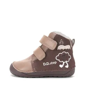 Ghete D.D Step copii, Barefoot, piele naturala, captuseala din blana, maro, emblema cu norisor_W070-62495F-20_Pebebe
