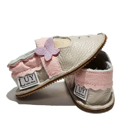 Pantofi gri cu roz din piele moale cu bareta și fluturas mov- PL-001-gri/roz-29-By Pebebe-