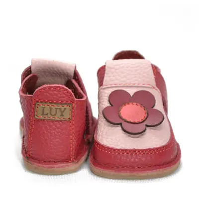 Pantofi din piele moale si talpa flexibila cu floare, rosu- RO-09-floare2-21-Luy-