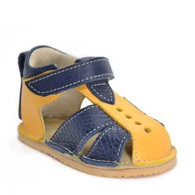 Sandale copii din piele naturala cu talpa flexibila vibram, bleumarin galben- RO-101-bleumarin-galben-23-By Pebebe-