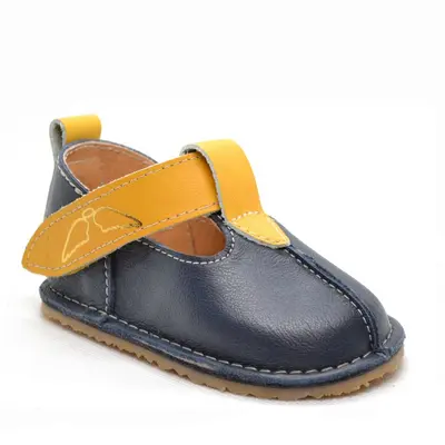 Pantofi din piele pentru copii cu scai si talpa cauciuc, bleumarin- RO-109-bleumarin-galben-23-By Pebebe-