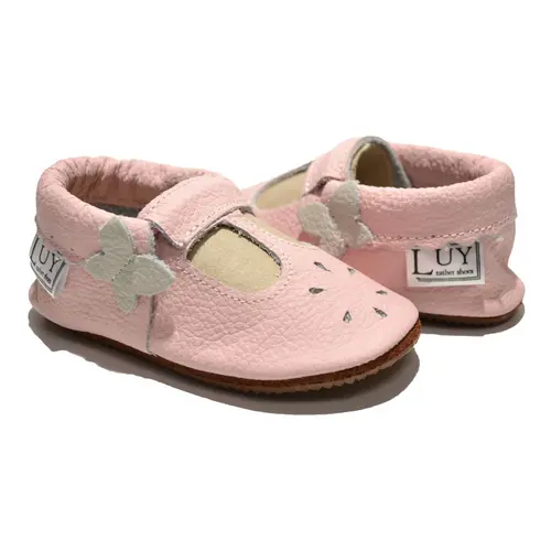 Pantofi din piele moale, roz cu flururas gri- PL010-roz-29-By Pebebe Pantofi din piele moale, roz cu flururas gri- PL010-roz-29-By Pebebe