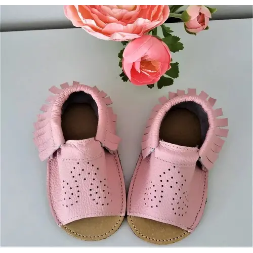 Sandale copii roz din piele moale  cu franjuri- PL005-roz-29-By Pebebe