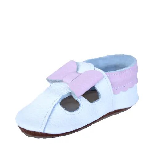 Sandale din piele moale albe cu fundita roz- PL009-alb-29-By Pebebe