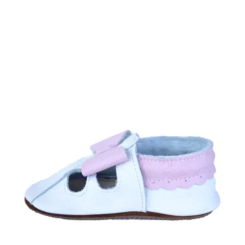 Sandale din piele moale albe cu fundita roz- PL009-alb-29-By Pebebe