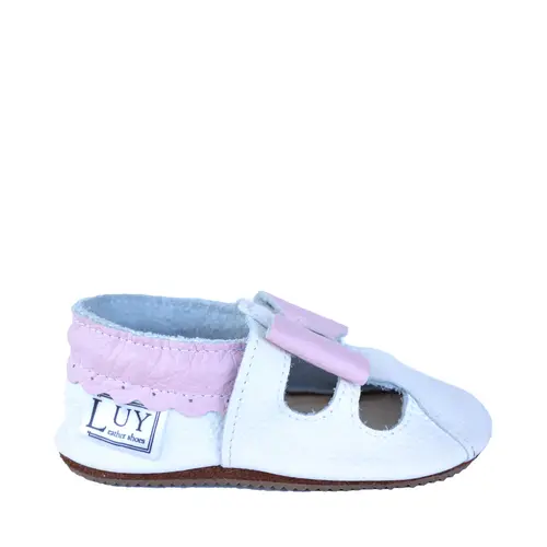 Sandale din piele moale albe cu fundita roz- PL009-alb-29-By Pebebe