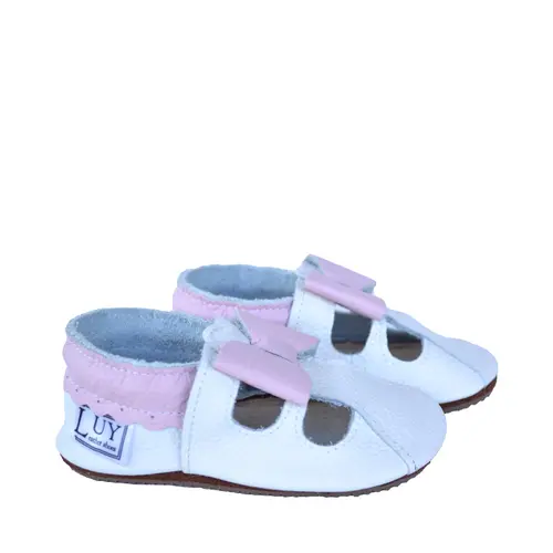 Sandale din piele moale albe cu fundita roz- PL009-alb-29-By Pebebe