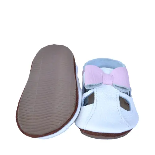 Sandale din piele moale albe cu fundita roz- PL009-alb-29-By Pebebe