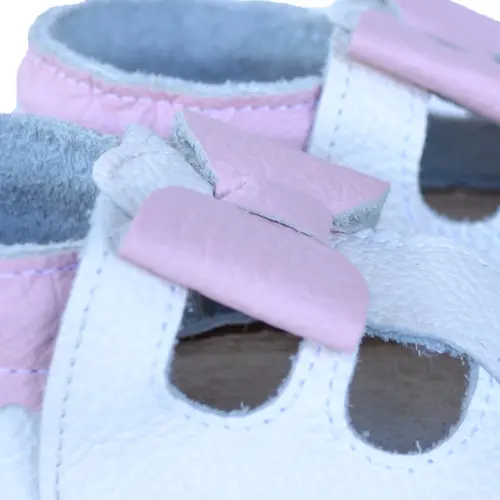 Sandale din piele moale albe cu fundita roz- PL009-alb-29-By Pebebe