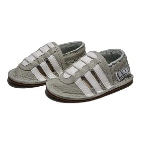 Sandale din piele moale gri cu dungi albe și talpă din piele întoarsă- PL013-gri-29-By Pebebe