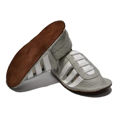 Sandale din piele moale gri cu dungi albe și talpă din piele întoarsă- PL013-gri-29-By Pebebe