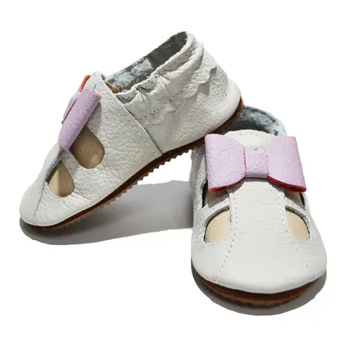 Sandale din piele moale gri cu fundita mov- PL009-gri-29-By Pebebe