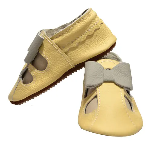 Sandale galbene din piele moale cu fundita gri- PL002-galben-29-By Pebebe