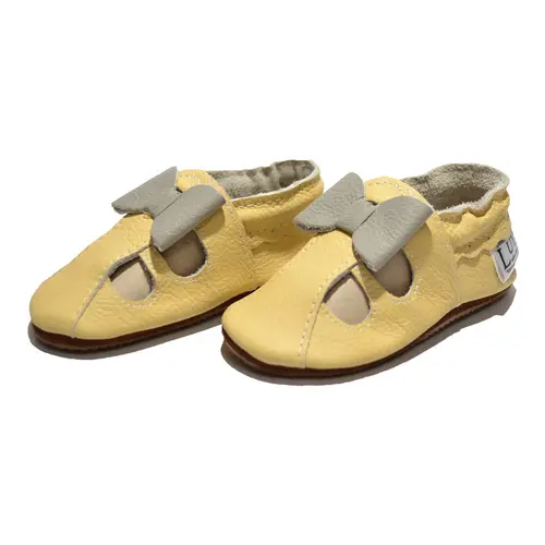 Sandale galbene din piele moale cu fundita gri- PL002-galben-29-By Pebebe