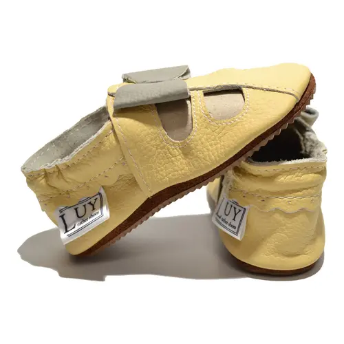 Sandale galbene din piele moale cu fundita gri- PL002-galben-29-By Pebebe