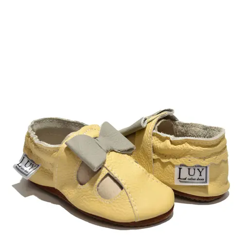 Sandale galbene din piele moale cu fundita gri- PL002-galben-29-By Pebebe
