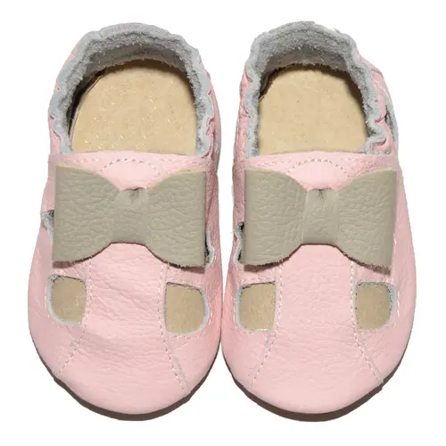 Sandale roz din piele moale cu fundita gri, decupate- PL002-roz-29-By Pebebe Sandale roz din piele moale cu fundita gri, decupate- PL002-roz-29-By Pebebe