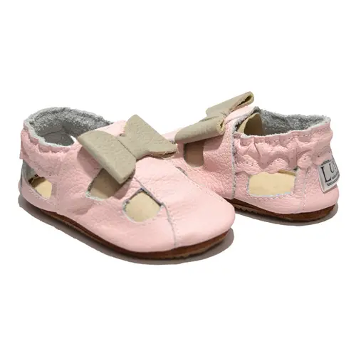 Sandale roz din piele moale cu fundita gri, decupate- PL002-roz-29-By Pebebe Sandale roz din piele moale cu fundita gri, decupate- PL002-roz-29-By Pebebe