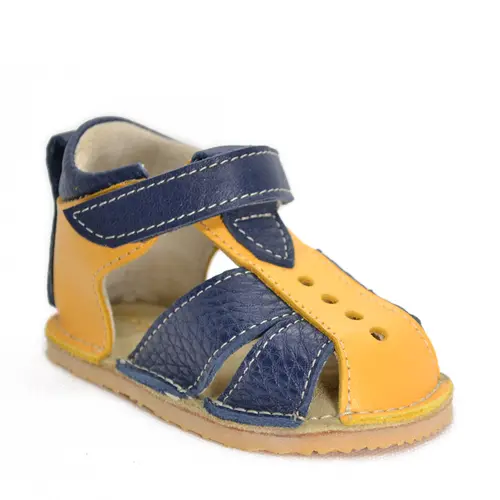 Sandale copii din piele naturala cu talpa flexibila vibram, bleumarin galben- RO-101-bleumarin-galben-23-By Pebebe