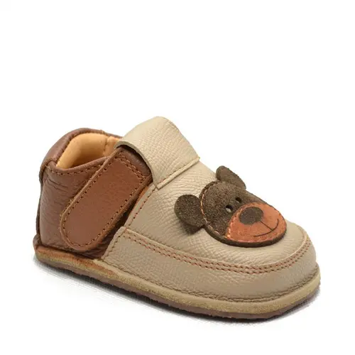 Pantofi barefoot copii, piele naturala, talpa flexibila, bej, ursulet- RO-16-13-23-By Pebebe