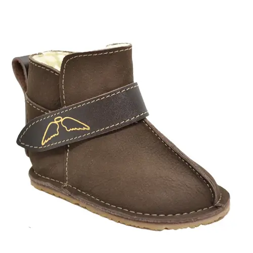 Cizme din piele pentru copii, talpa flexibila, imblanite, maro inchis- RO-106-2-23-By Pebebe