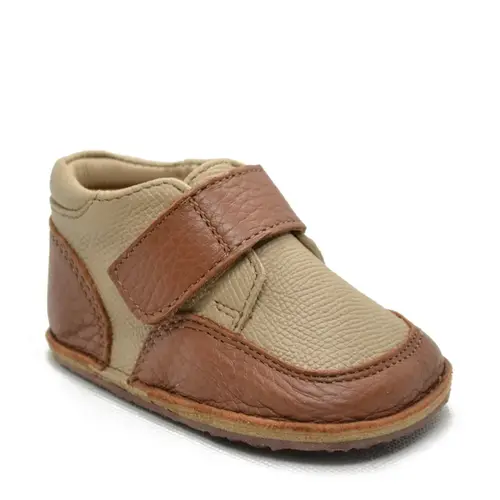 Ghete barefoot copii, din piele naturala cu scai si talpa din cauciuc, maro cu bej, LUY- RO-14-maro-23-By Pebebe