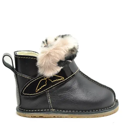 Cizme din piele pentru copii, talpa flexibila, imblanite, blanita decorativa print, negru- RO-107-2-23-By Pebebe