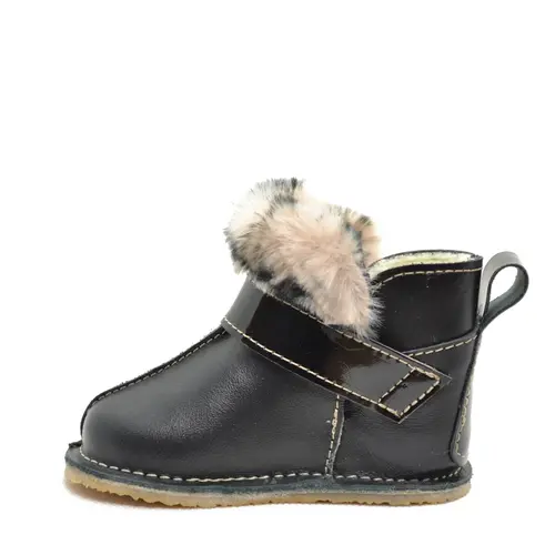 Cizme din piele pentru copii, talpa flexibila, imblanite, blanita decorativa print, negru- RO-107-2-23-By Pebebe