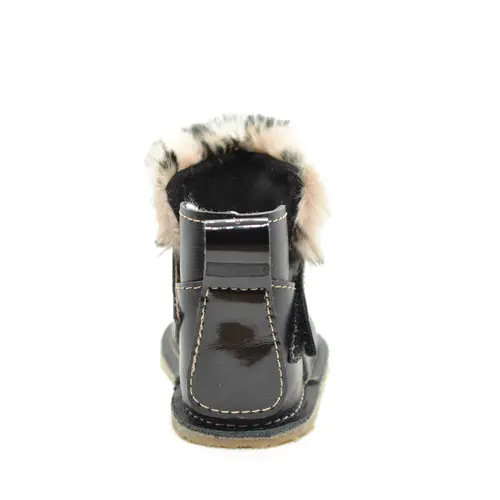 Cizme din piele pentru copii, talpa flexibila, imblanite, blanita decorativa print, negru- RO-107-2-23-By Pebebe