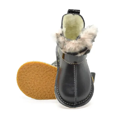 Cizme din piele pentru copii, talpa flexibila, imblanite, blanita decorativa print, negru- RO-107-2-23-By Pebebe
