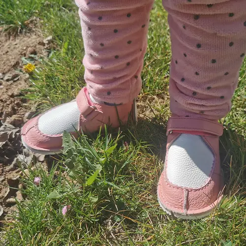 Pantofi din piele naturala pentru primii pasi, talpa cauciuc, scai, Bubu, roz, alb- RO-110-roz-alb-23-By Pebebe