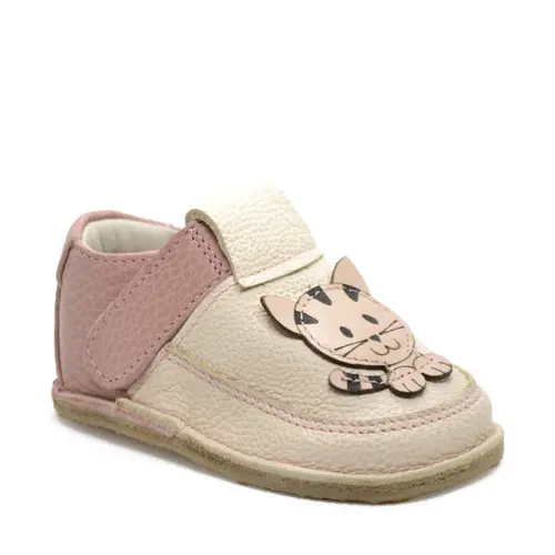 Pantofi barefoot copii, piele naturala, talpa flexibila,  nude cu roz prafuit, pisica- RO-16-14-24-By Pebebe